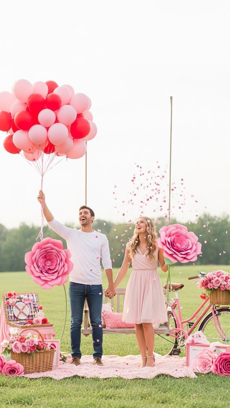 Whimsical Valentine's photoshoot with couple holding hands surrounded by floating pink balloons