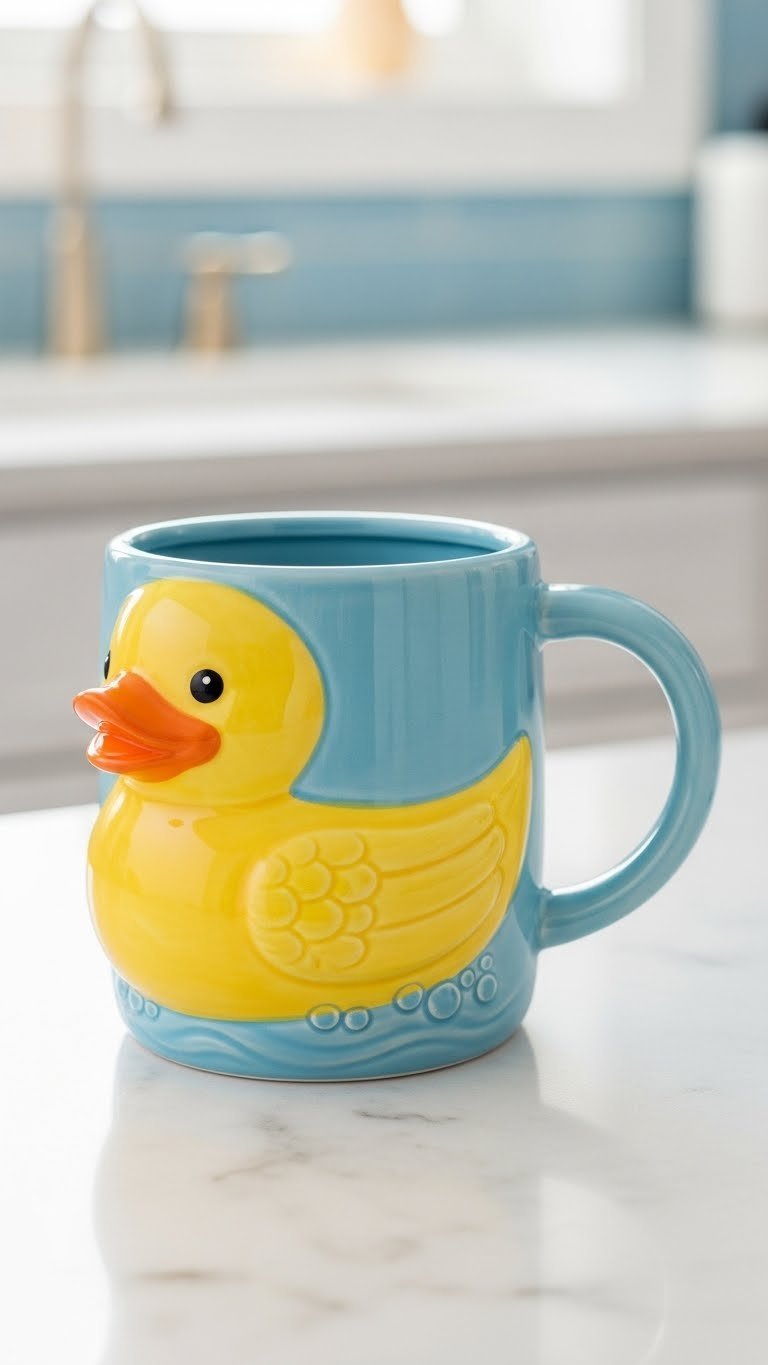 Whimsical ceramic mug with bright yellow 3D rubber duck design and orange details on a clean white marble countertop