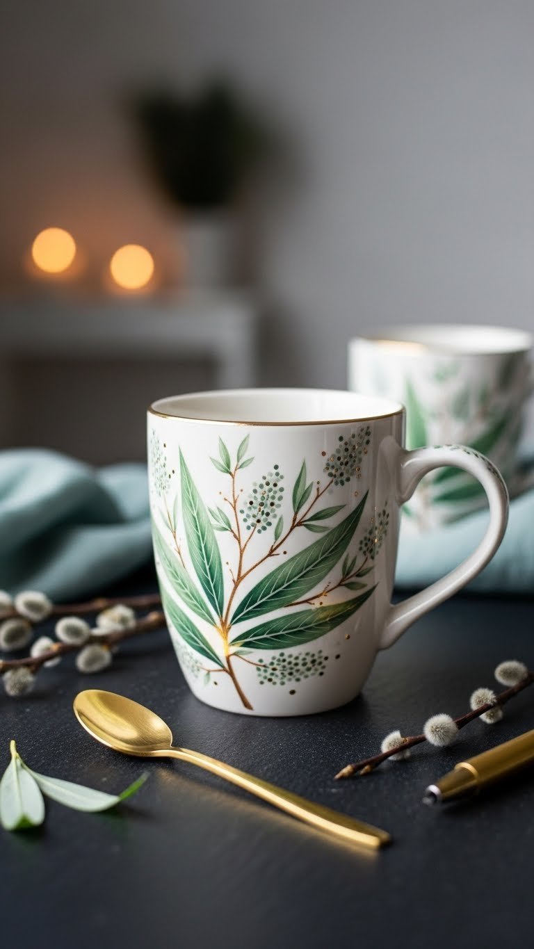 Whimsical ceramic mug with delicate willow leaves and shimmering metallic accents on dark slate surface