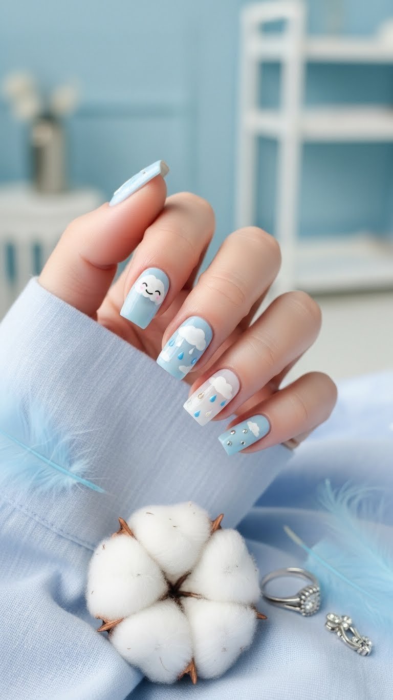 Whimsical cloud and raindrop square nails with sky-blue base and silver accents on soft fabric