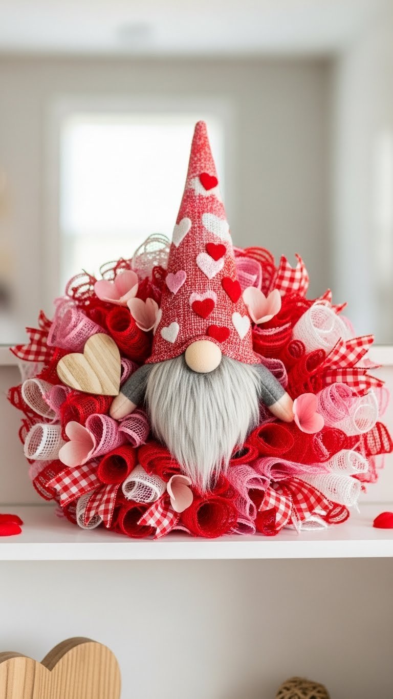 Whimsical gnome Valentine wreath with plush gnome figure peeking from red, pink, and white burlap on organized shelf.