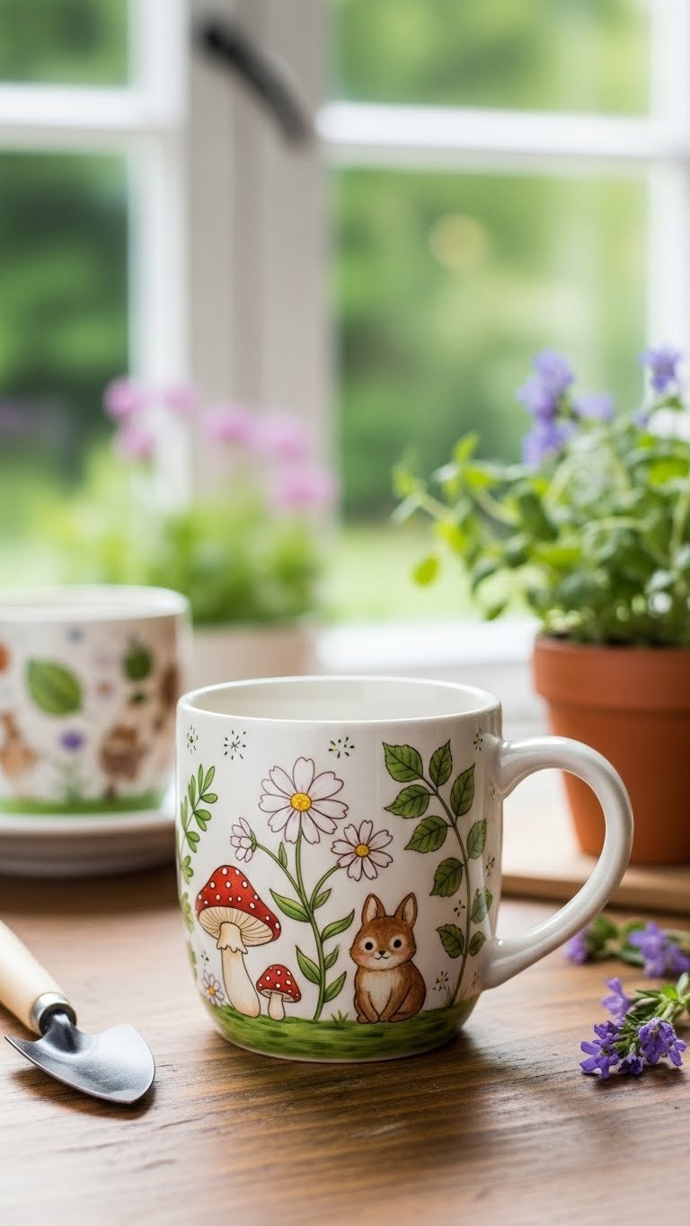 Whimsical nature-inspired ceramic mug with hand-painted wildflowers and mushrooms on rustic garden table