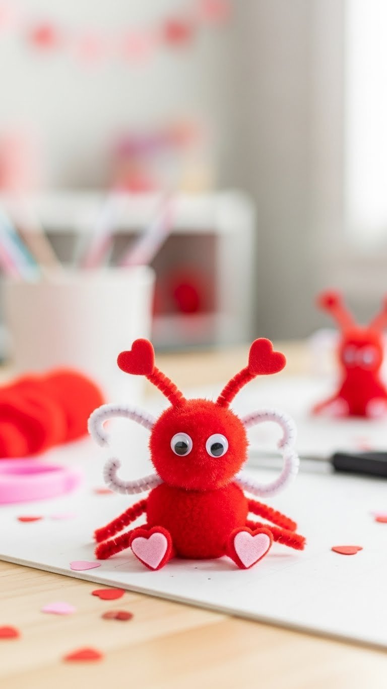 Whimsical red pom-pom love bug craft with pipe cleaner antennae and googly eyes on light surface