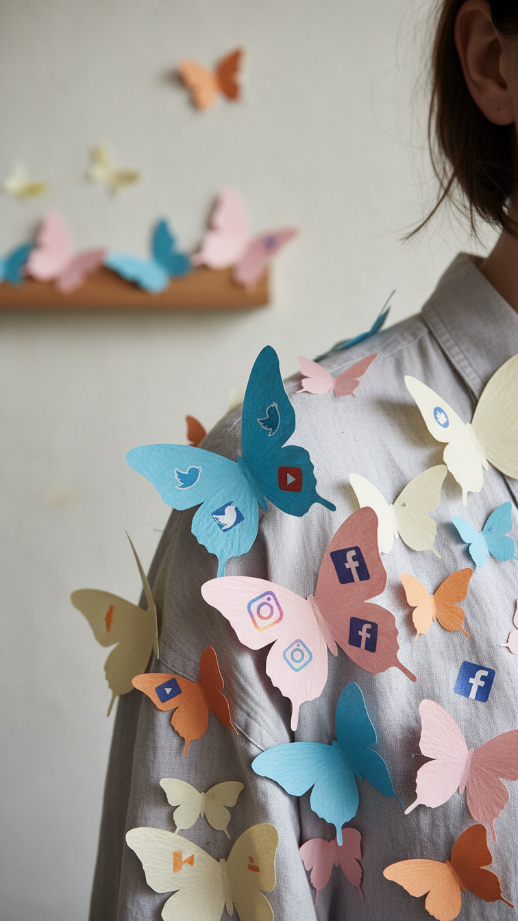 Whimsical social butterfly costume with colorful paper butterflies featuring social media logos on simple dress.