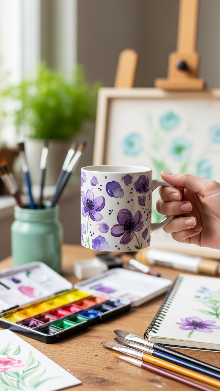 Whimsical watercolor painted purple ceramic mug with floral designs amidst art supplies on wooden desk