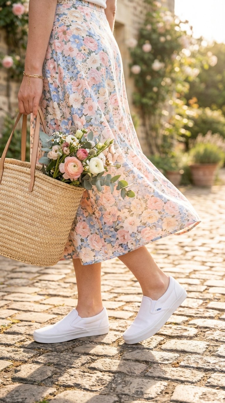 White Vans Slip-Ons paired with floral midi skirt walking on cobblestone street during golden hour