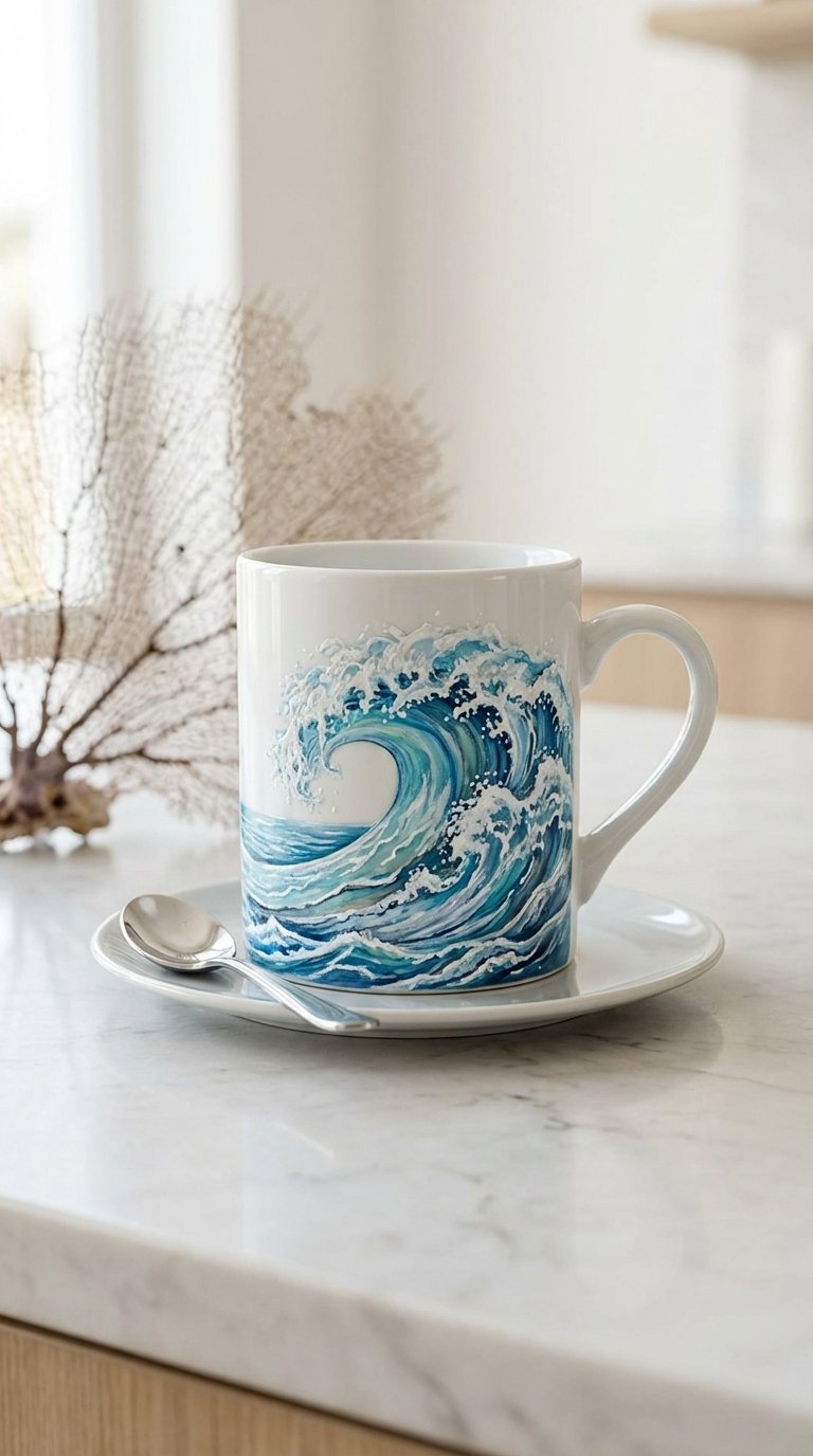 White ceramic coffee mug featuring realistic hand-painted breaking ocean wave with detailed foam cresting on marble countertop