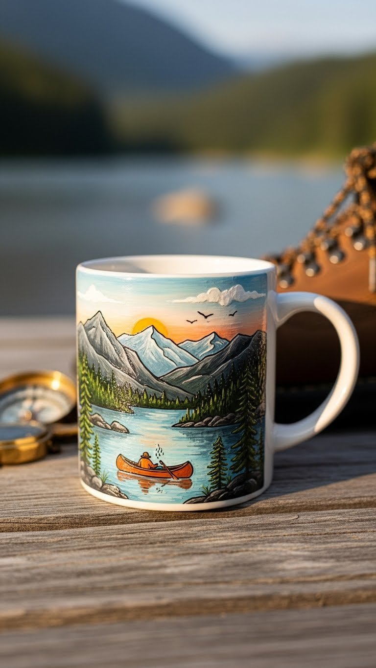 White ceramic coffee mug painted with detailed mountain sunrise outdoor scene placed on river stone in natural landscape