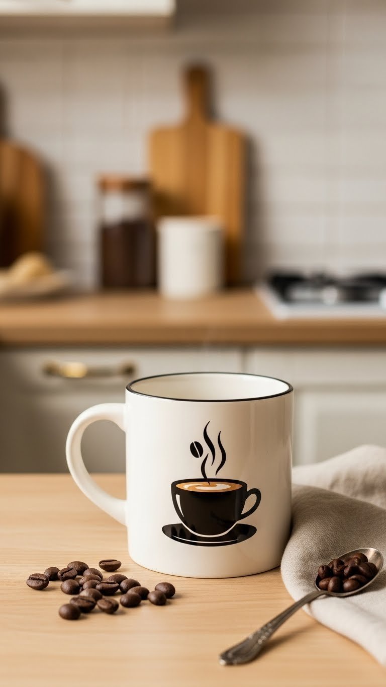 White ceramic coffee mug with coffee bean silhouettes and scattered dark roasted beans on a wooden surface.