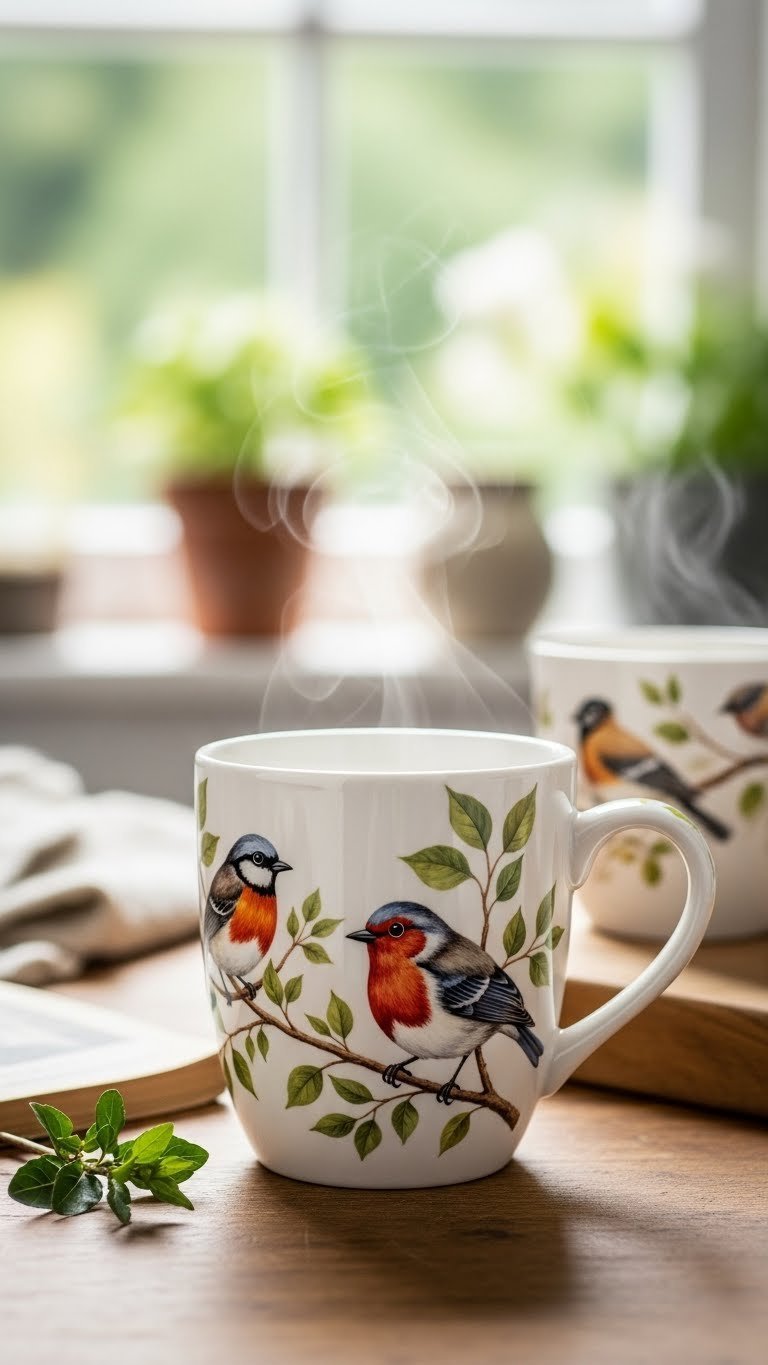 White ceramic coffee mug with intricate hand-painted songbirds perched on branches against rustic wooden tabletop background