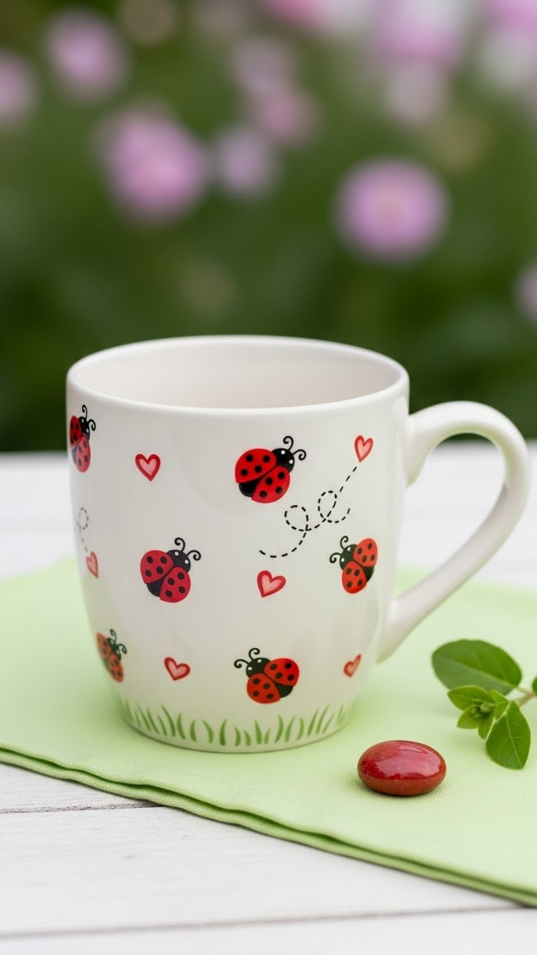 White ceramic mug adorned with cheerful red ladybugs with black spots and white hearts on light green pastel tablecloth.