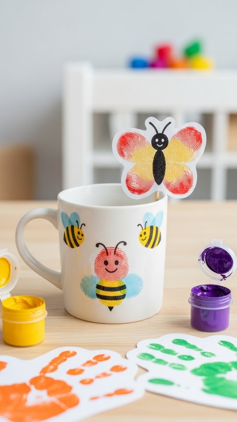 White ceramic mug adorned with colorful fingerprint art characters on light wooden table with paint supplies