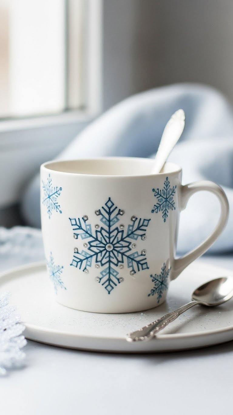 White ceramic mug featuring intricate hand-painted snowflake design in blue and silver tones against soft grey background with silver spoon.