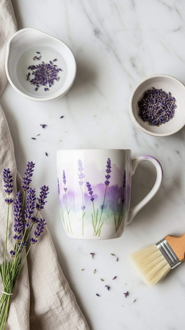 White ceramic mug featuring soft watercolor wash lavender design on marble countertop with artistic elements