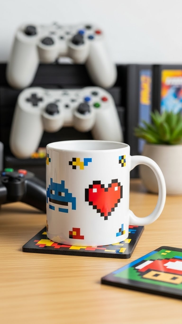 White ceramic mug featuring vibrant retro video game pixel art characters on light wooden desk