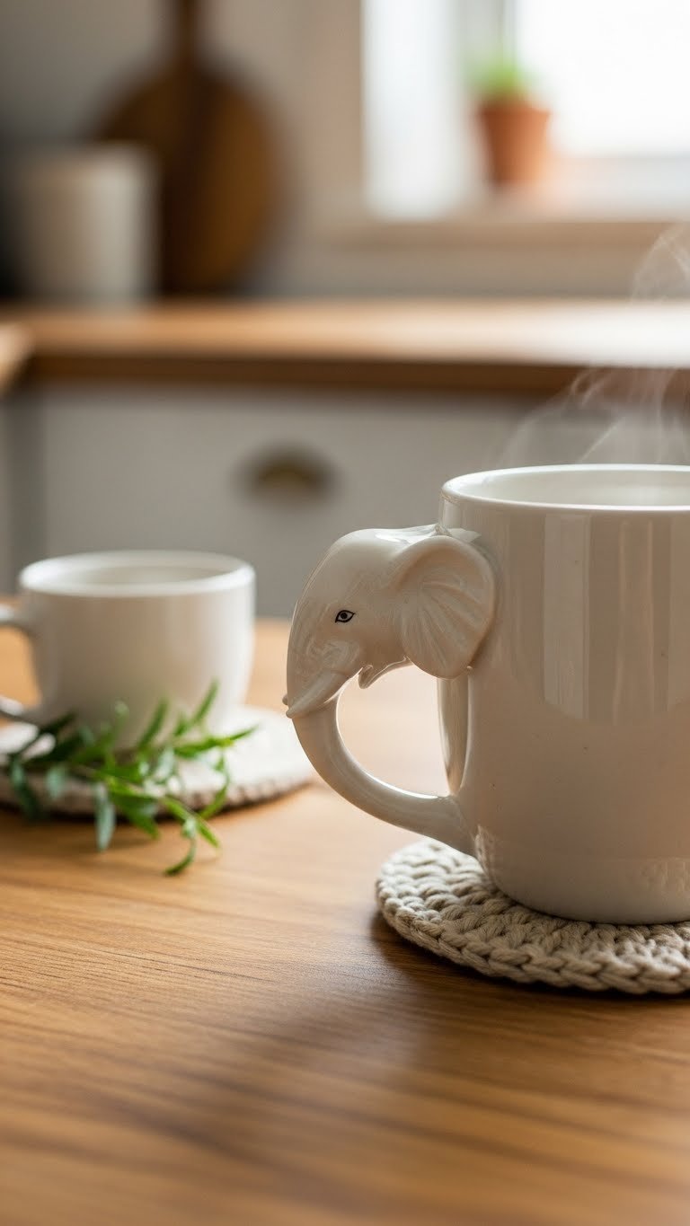 White ceramic mug with 3D elephant handle and steaming coffee on rustic wooden table in natural light