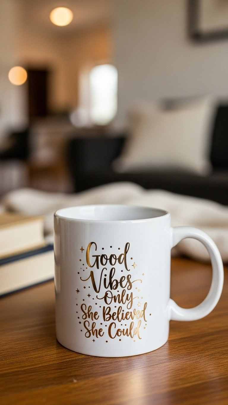 White ceramic mug with artfully hand-lettered inspirational quote in gold script font on rustic wooden table with soft natural lighting.