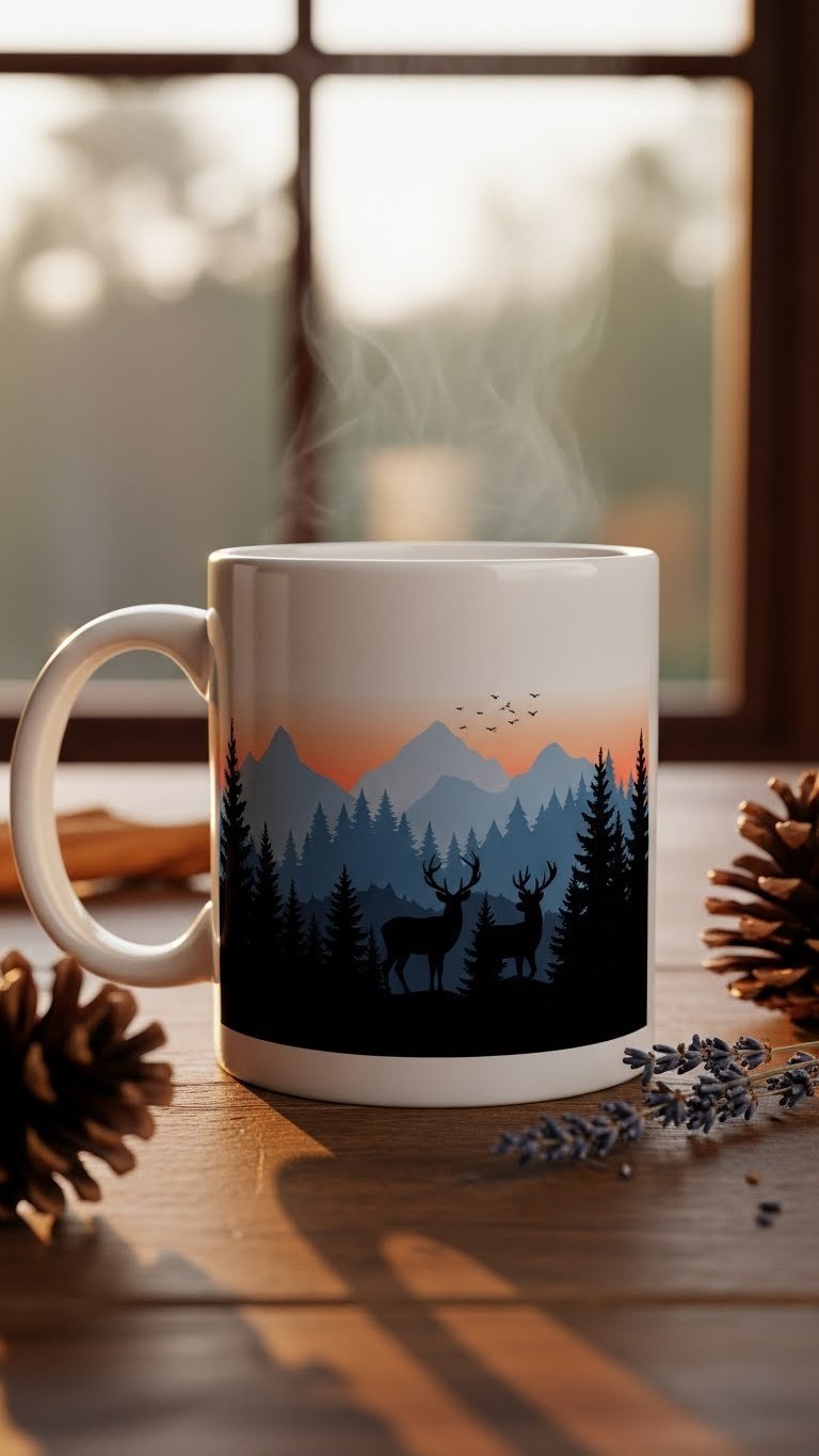 White ceramic mug with black forest silhouette against gradient sunset colors on rustic wooden table