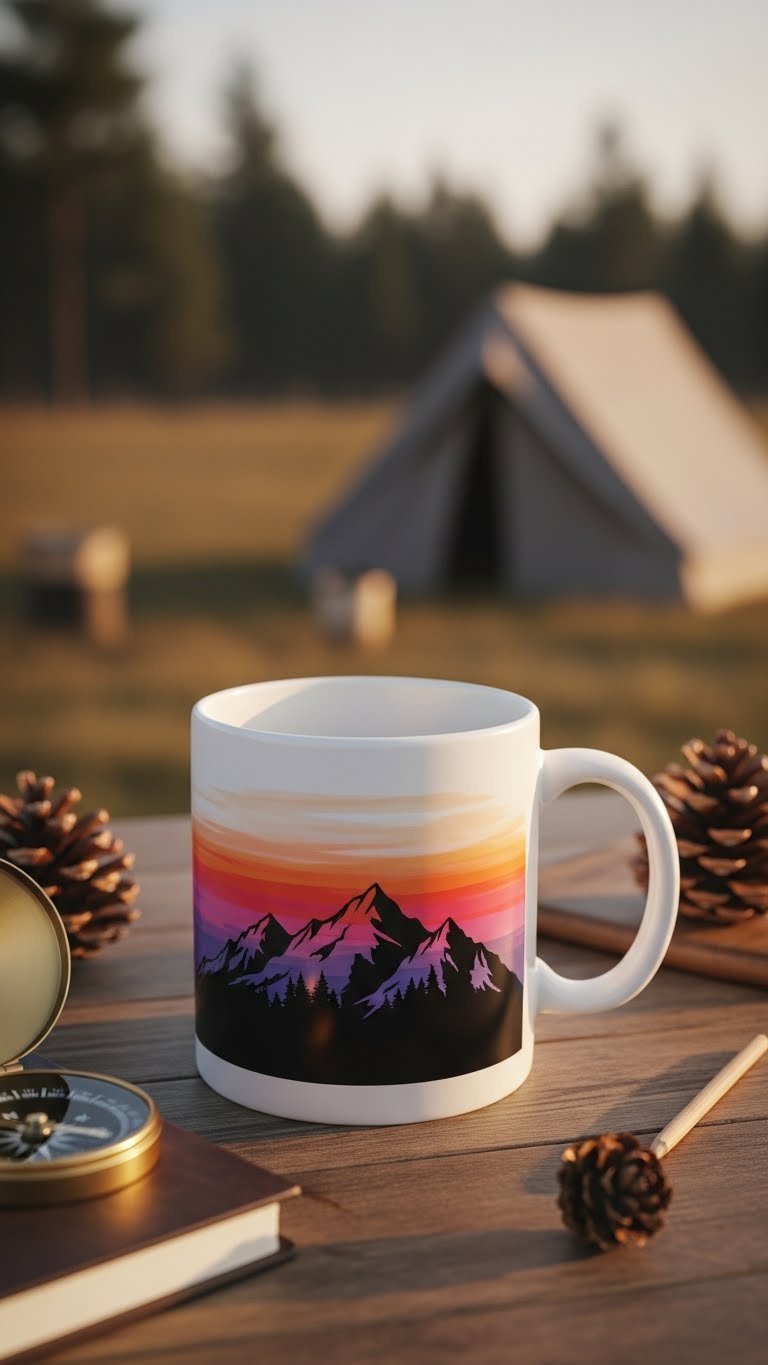 White ceramic mug with black mountain silhouette against colorful sunset sky on rustic wooden table