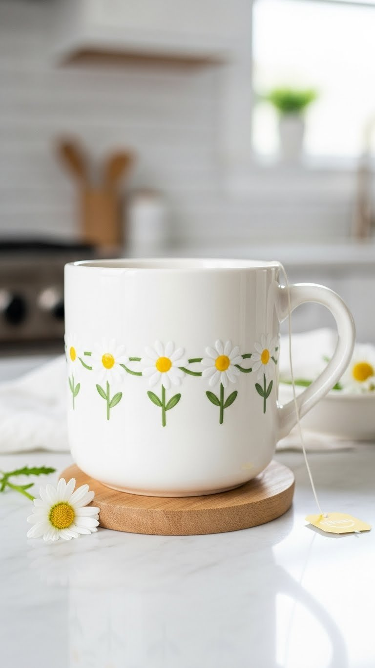 White ceramic mug with charming daisy chain design featuring white daisies and yellow centers encircling the middle section.