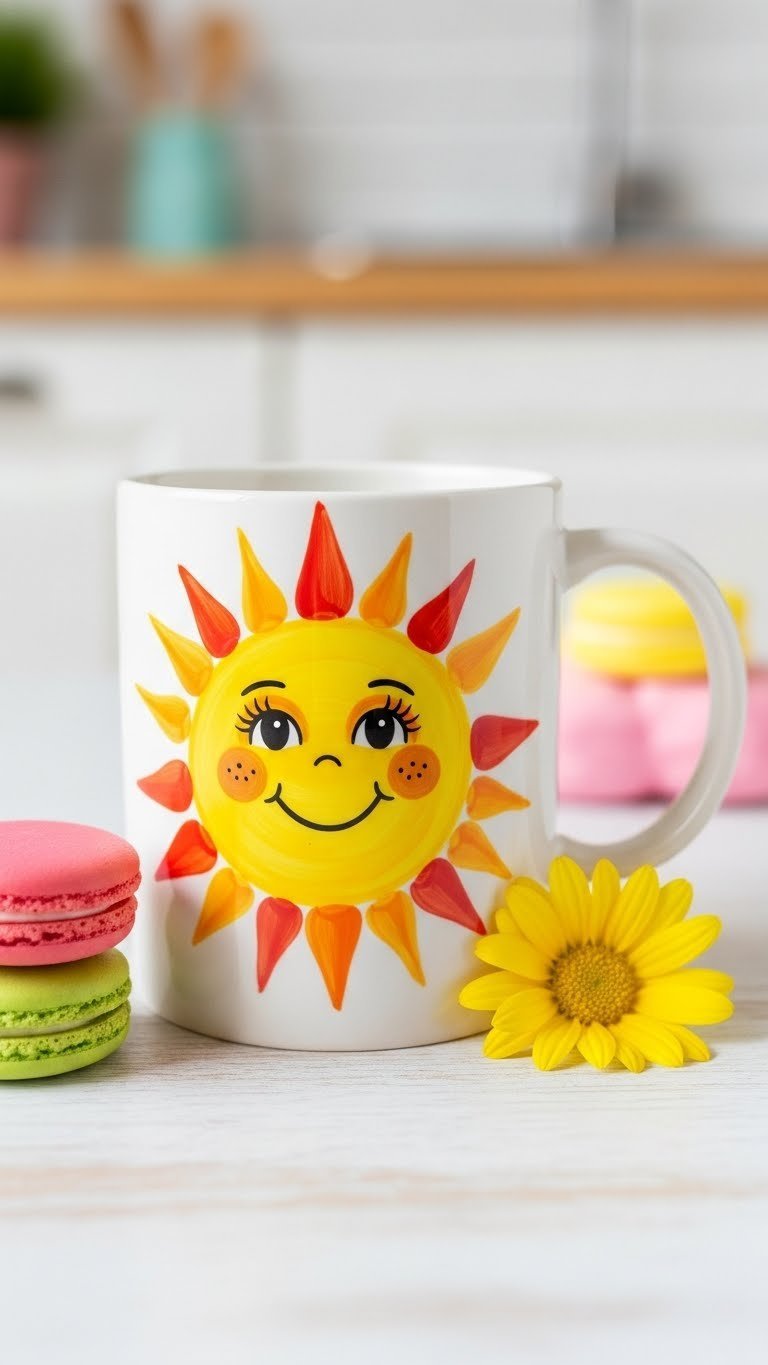 White ceramic mug with cheerful cartoon sun face featuring smiling eyes and orange-red rays on pastel wooden surface