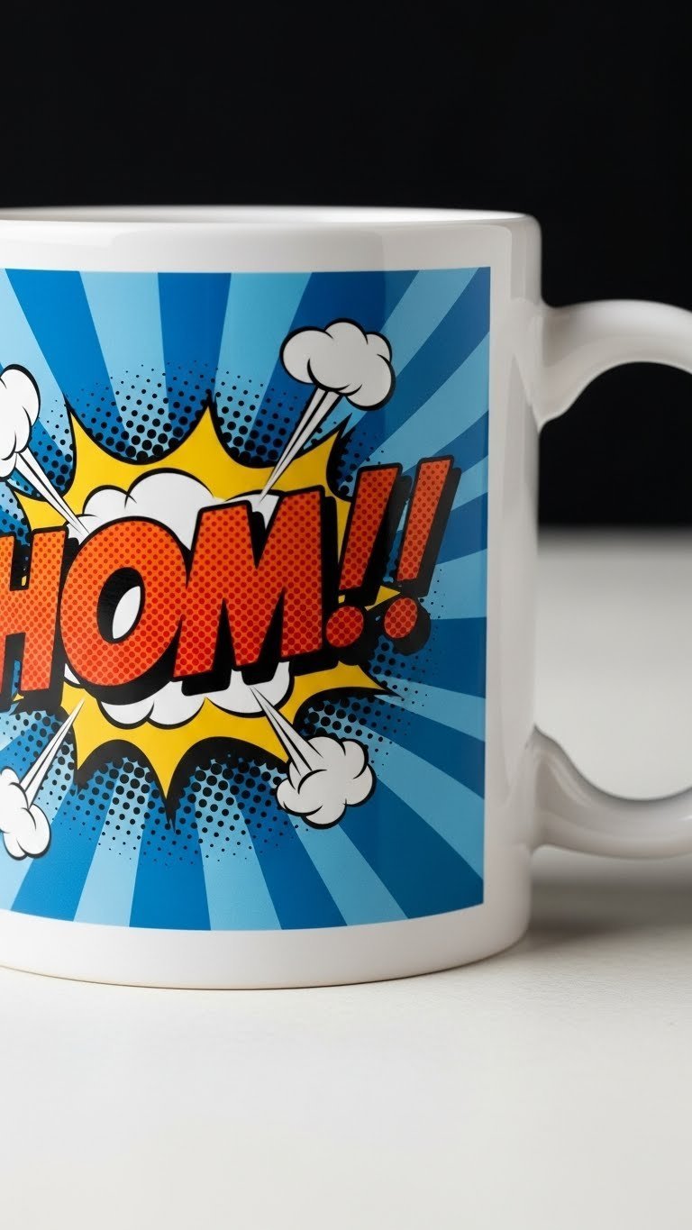 White ceramic mug with comic book superhero pop art illustration in dynamic style
