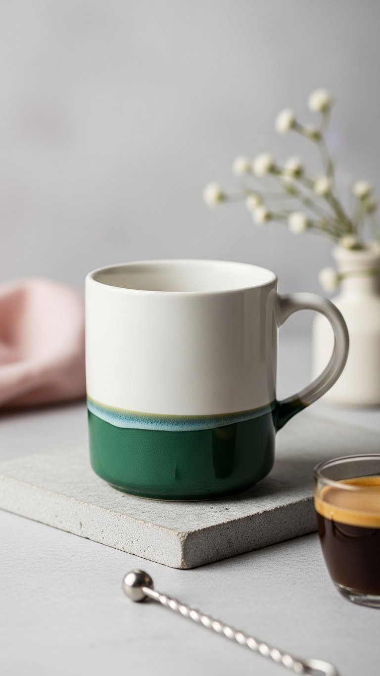 White ceramic mug with dark green glazed bottom on minimalist stone surface with espresso