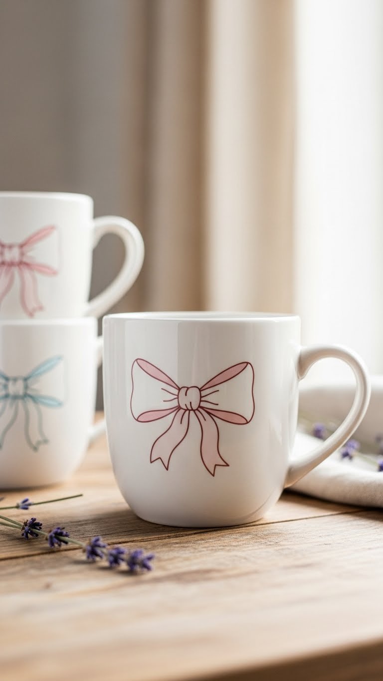 White ceramic mug with delicate pastel bow design on rustic wooden table in soft natural light with lavender sprig accent