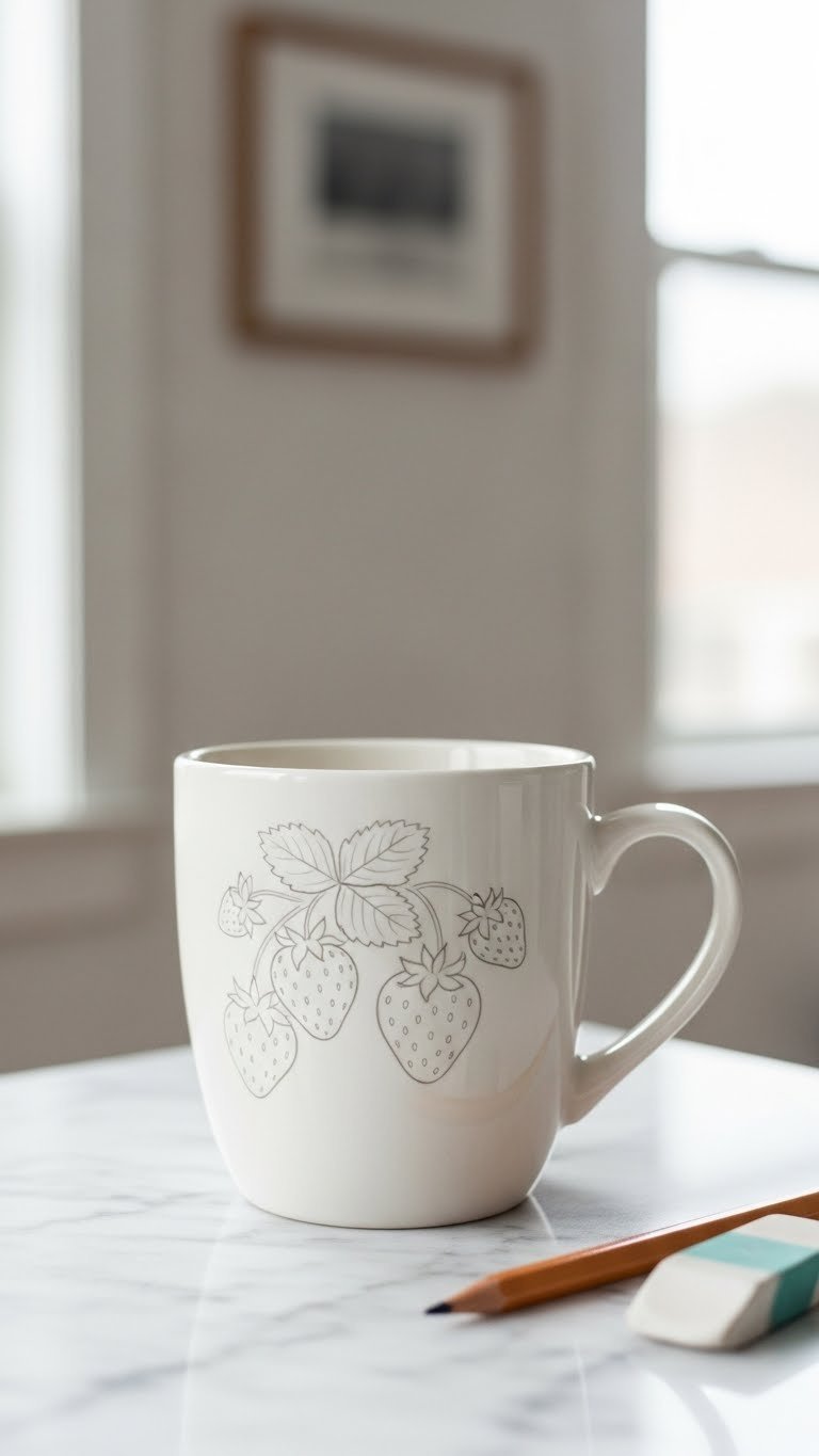 White ceramic mug with delicate pencil sketch of strawberries and leaves ready for painting on marble countertop.