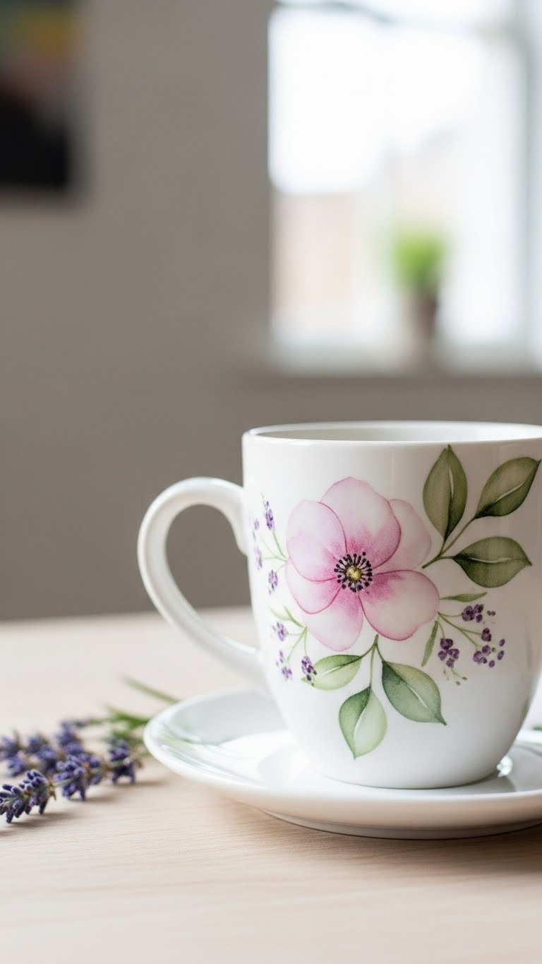 White ceramic mug with delicate pink and purple watercolor floral design featuring green leaves on light wooden surface with soft natural lighting.