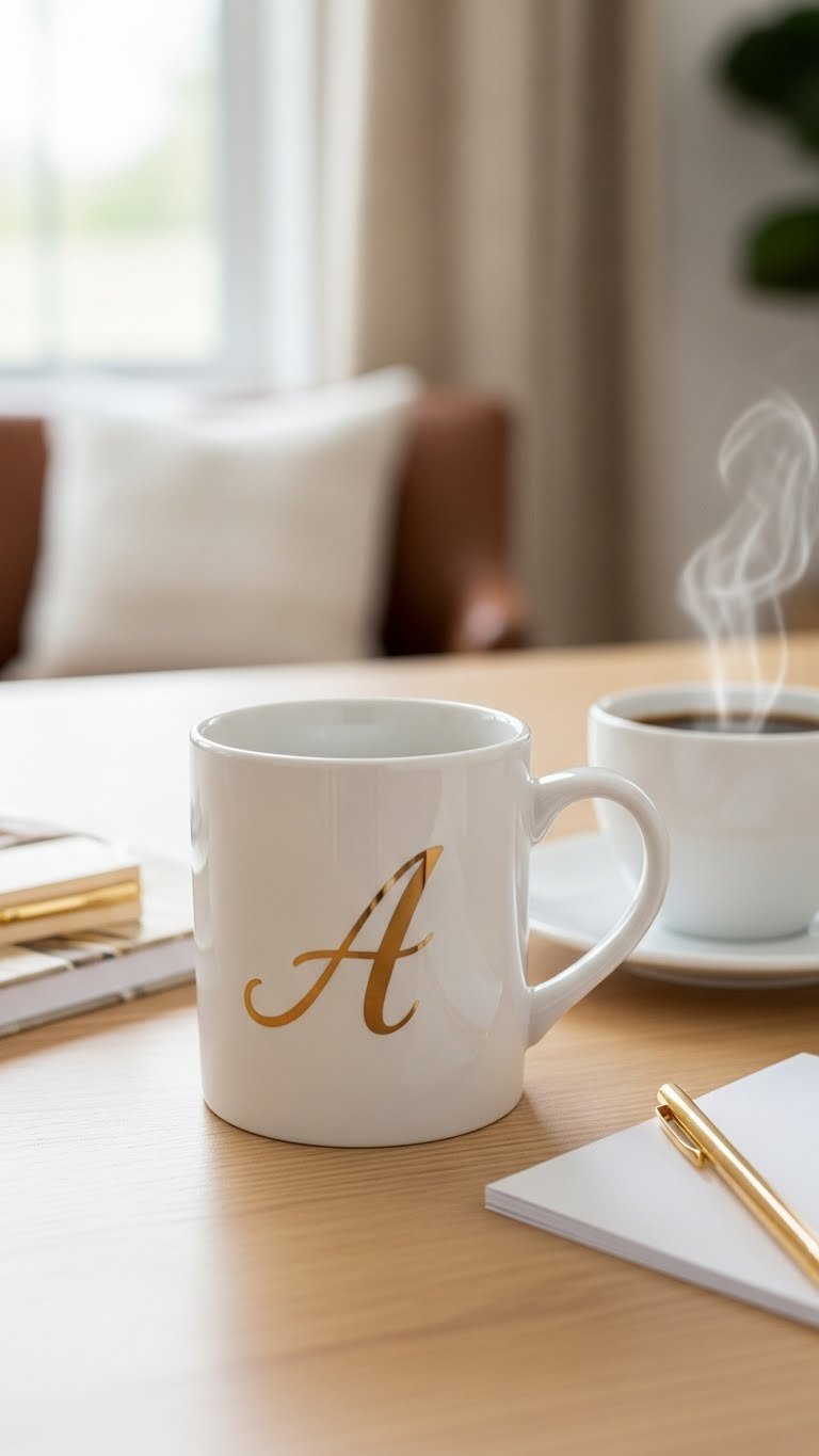 White ceramic mug with elegant gold monogram initial on wooden table with coffee and stationery