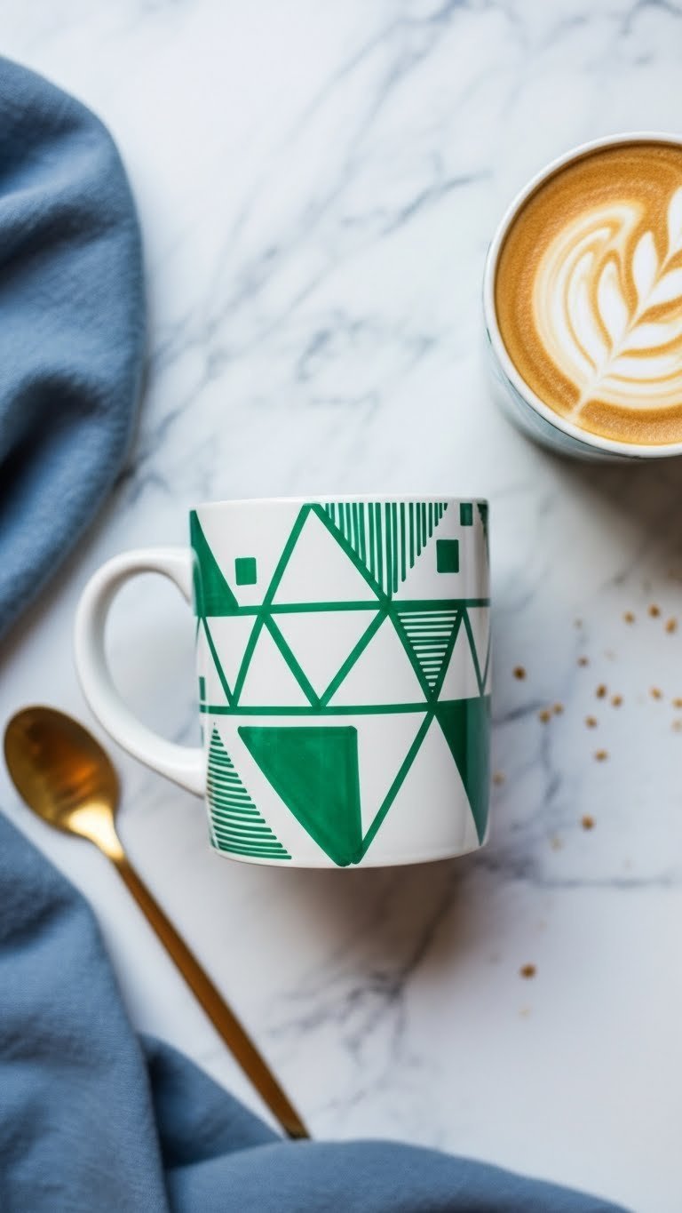 White ceramic mug with emerald green geometric pattern on marble countertop with gold spoon