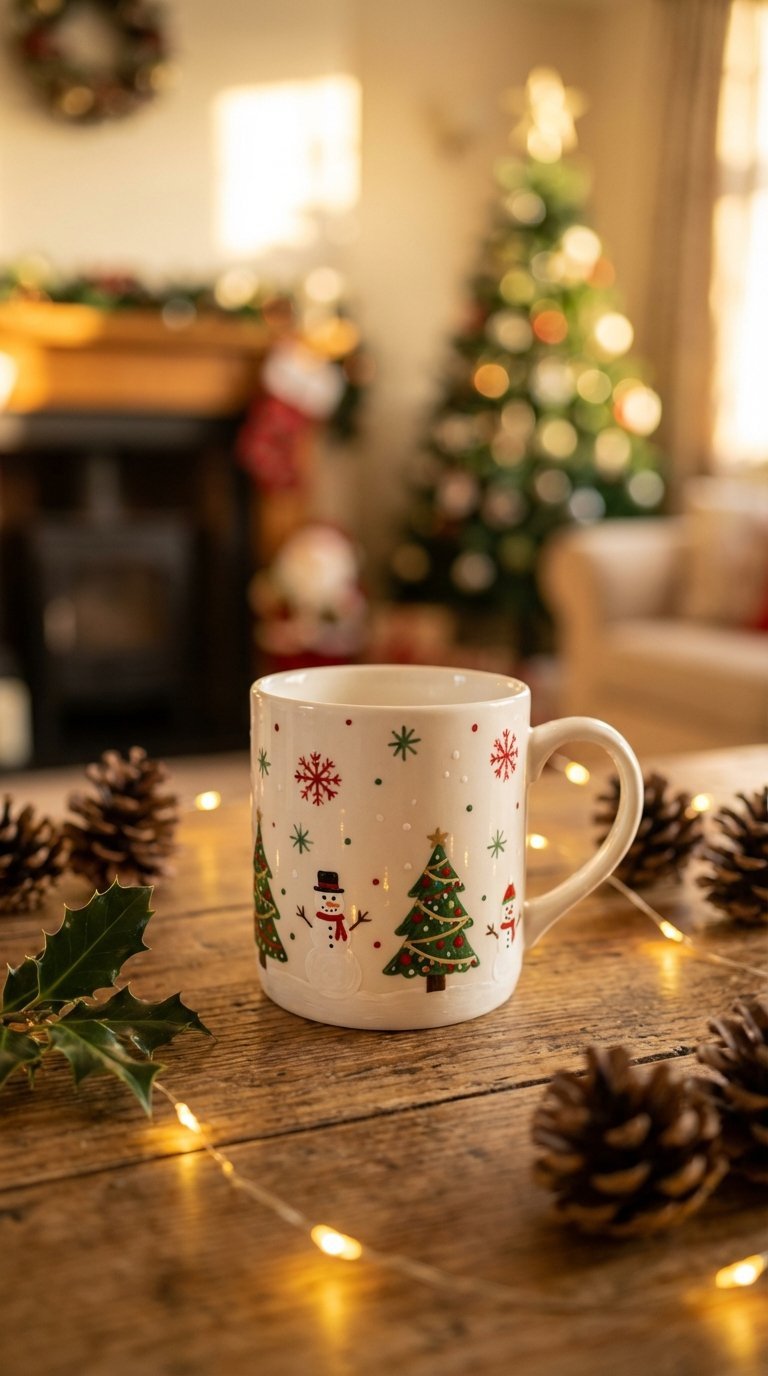 White ceramic mug with festive holiday snowman design on rustic wooden holiday table