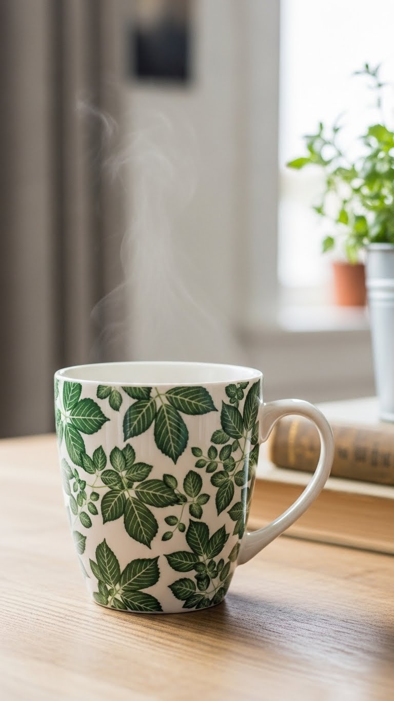White ceramic mug with forest green leaf patterns on rustic wooden table surrounded by herbs and books