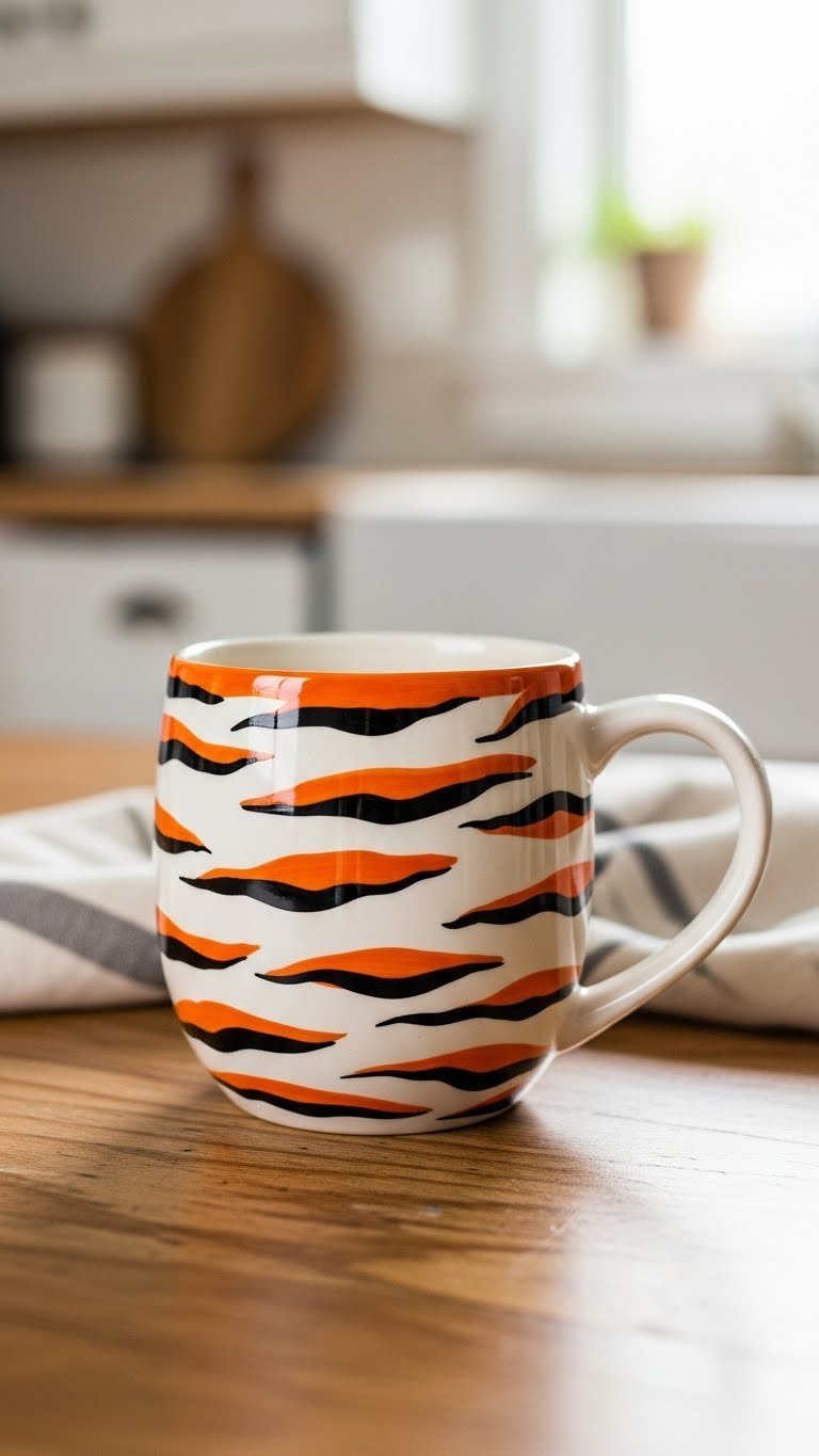 White ceramic mug with hand-painted black and orange tiger stripes on rustic wooden table in soft natural lighting