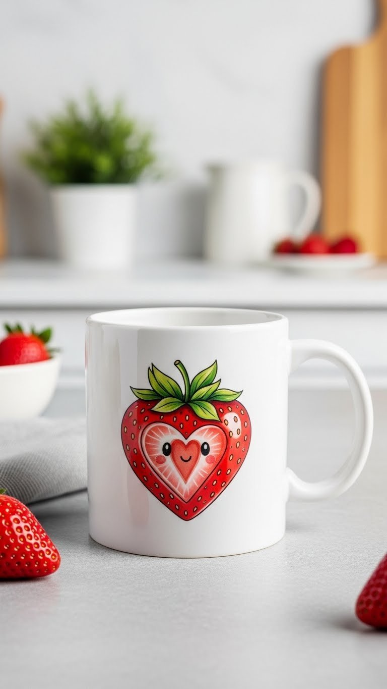 White ceramic mug with heart-shaped strawberry illustration featuring green leaves and black seeds on grey stone surface.