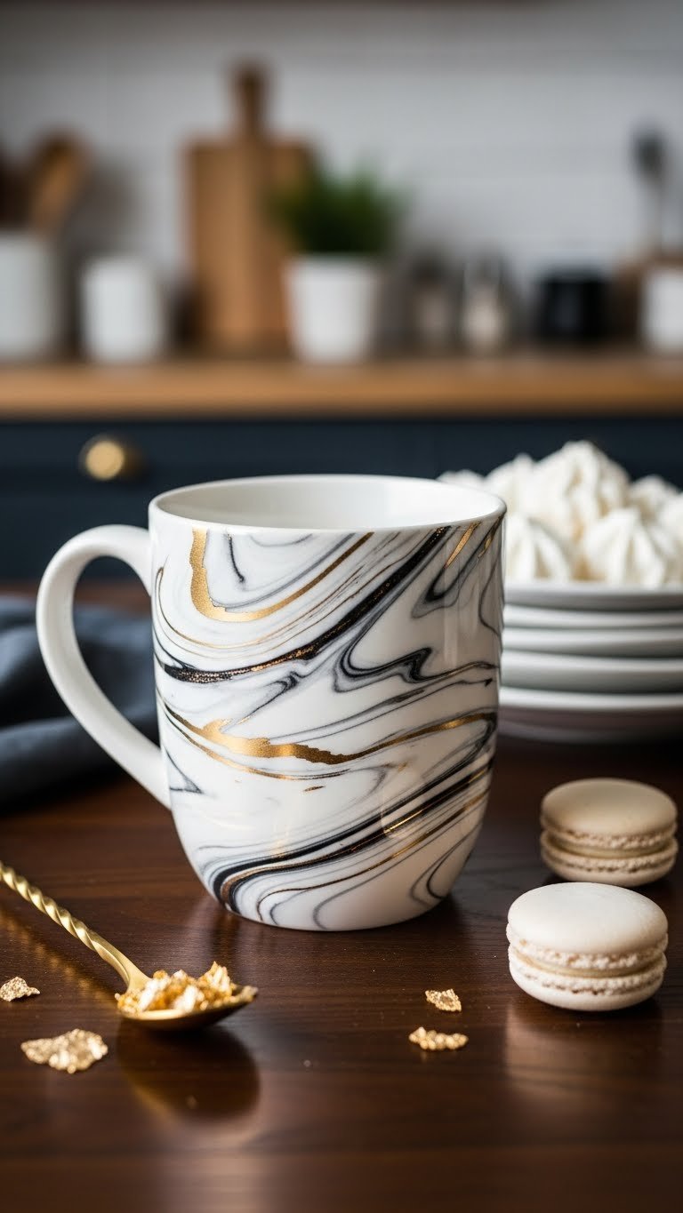 White ceramic mug with luxurious marbled gold pattern on dark wood surface with macaron