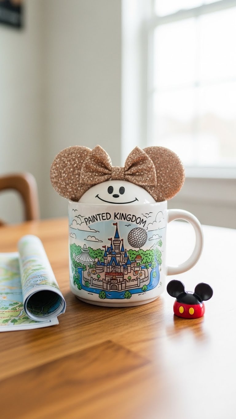 White ceramic mug with miniature Magic Kingdom map painted in intricate detail showing Disney park landmarks