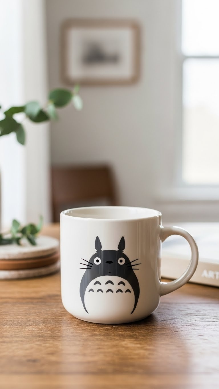 White ceramic mug with minimalist black Totoro silhouette on rustic wooden table in soft natural lighting