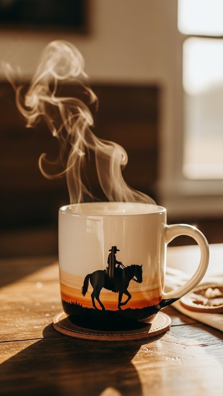 White ceramic mug with minimalist black cowboy silhouette on horseback against golden hour lighting on rustic wooden table