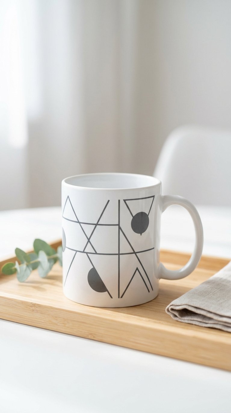 White ceramic mug with minimalist geometric charcoal gray pattern on light wooden tray in natural window light