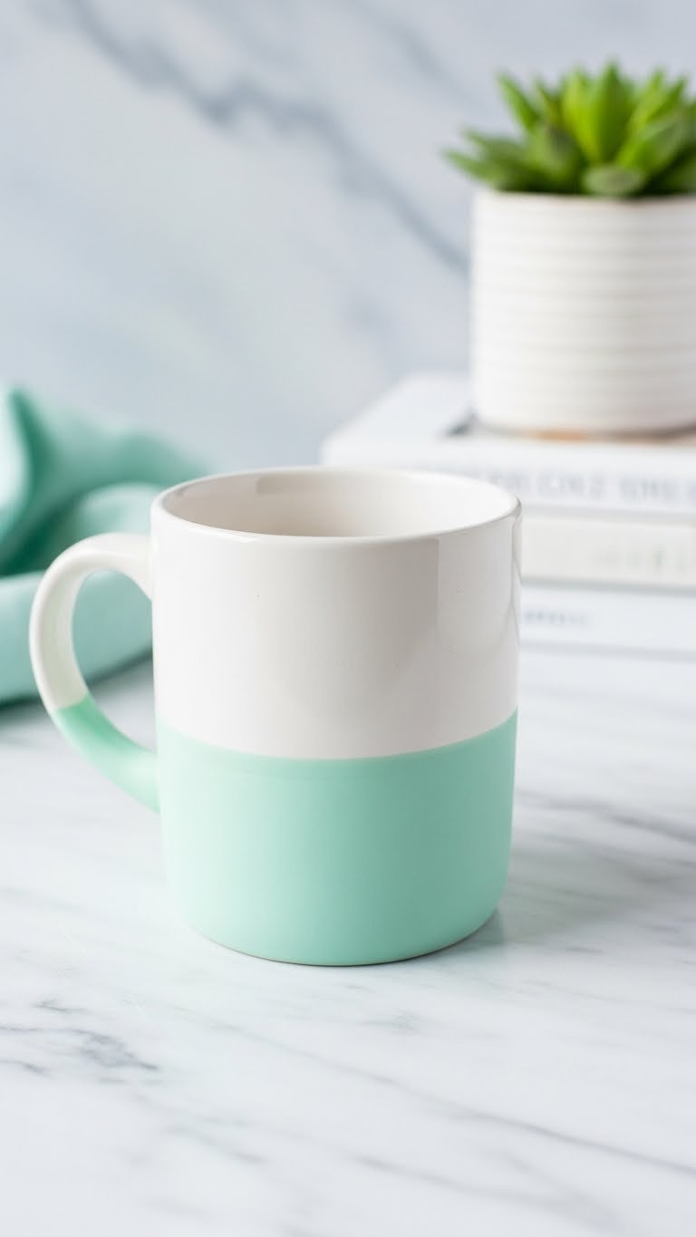 White ceramic mug with mint green dip-dye design on marble countertop with succulent plant