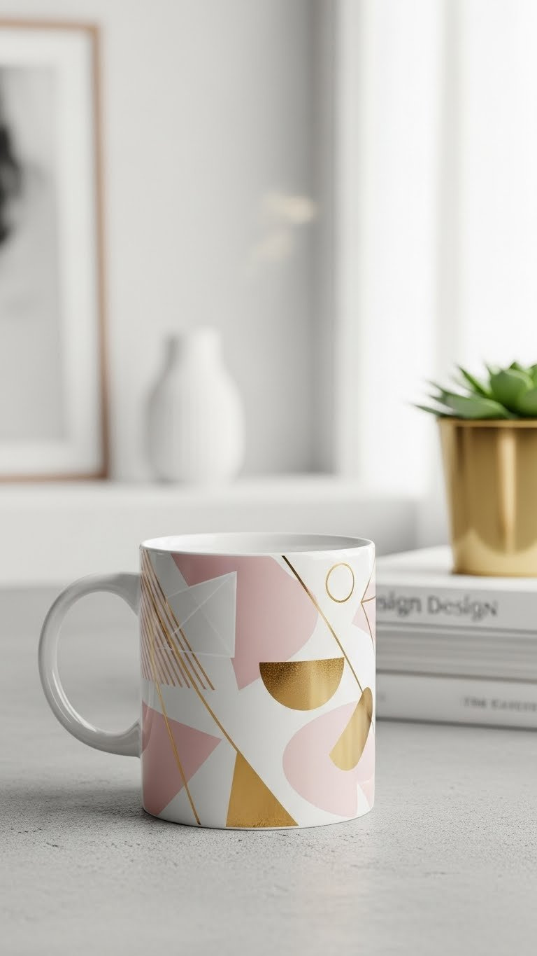 White ceramic mug with modern geometric design in blush pink and shimmering metallic gold shapes on minimalist concrete surface.