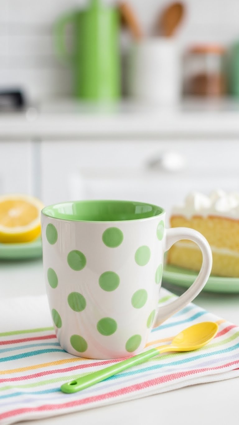 White ceramic mug with pastel green polka dots on colorful striped tea towel with lemon cake
