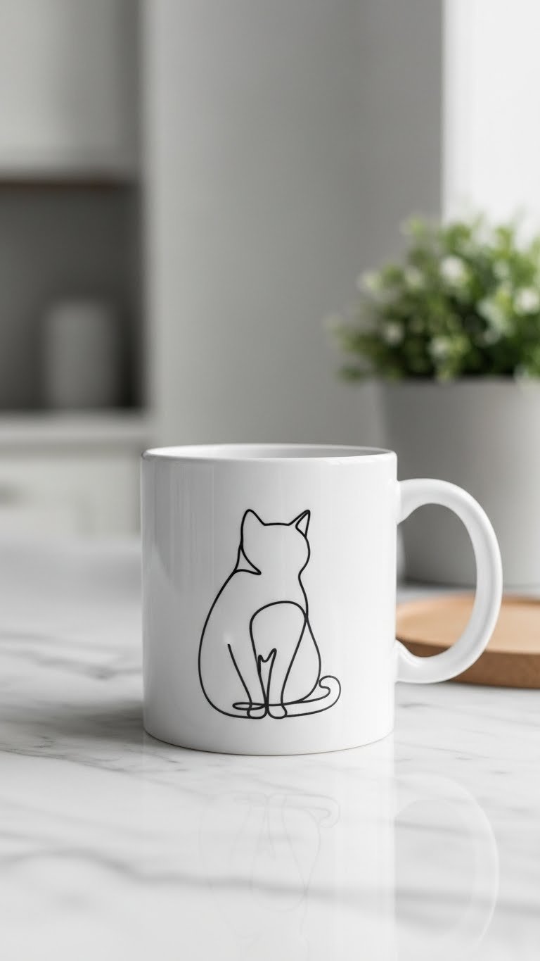 White ceramic mug with sleek black cat silhouette outline against marble countertop in soft natural lighting