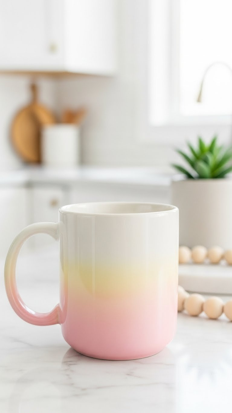 White ceramic mug with smooth pastel ombre dip-dye effect transitioning from pink to peach to yellow on marble countertop.
