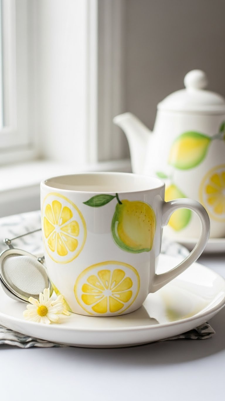 White ceramic mug with soft watercolor-style lemon wash design in pale yellows and greens on minimalist white plate