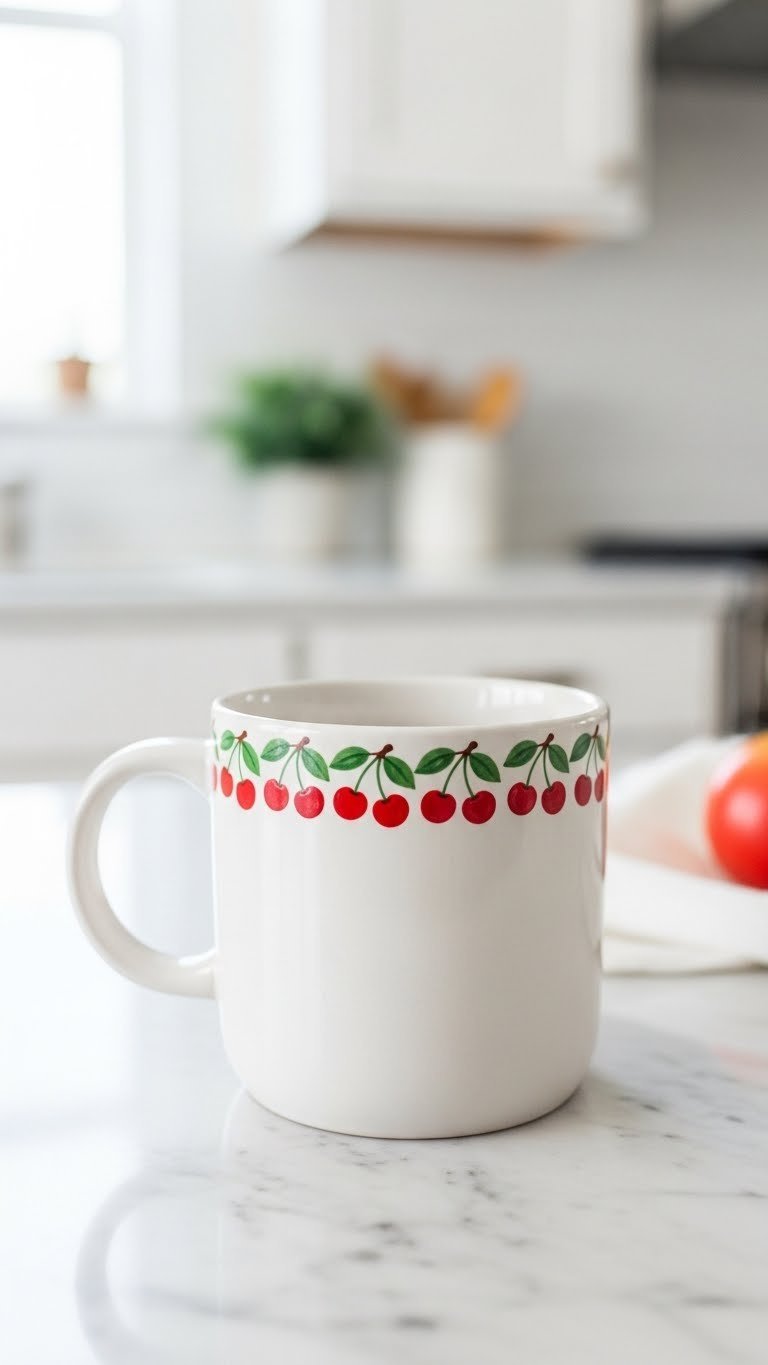 White ceramic mug with stenciled cherry border design encircling rim on clean marble countertop