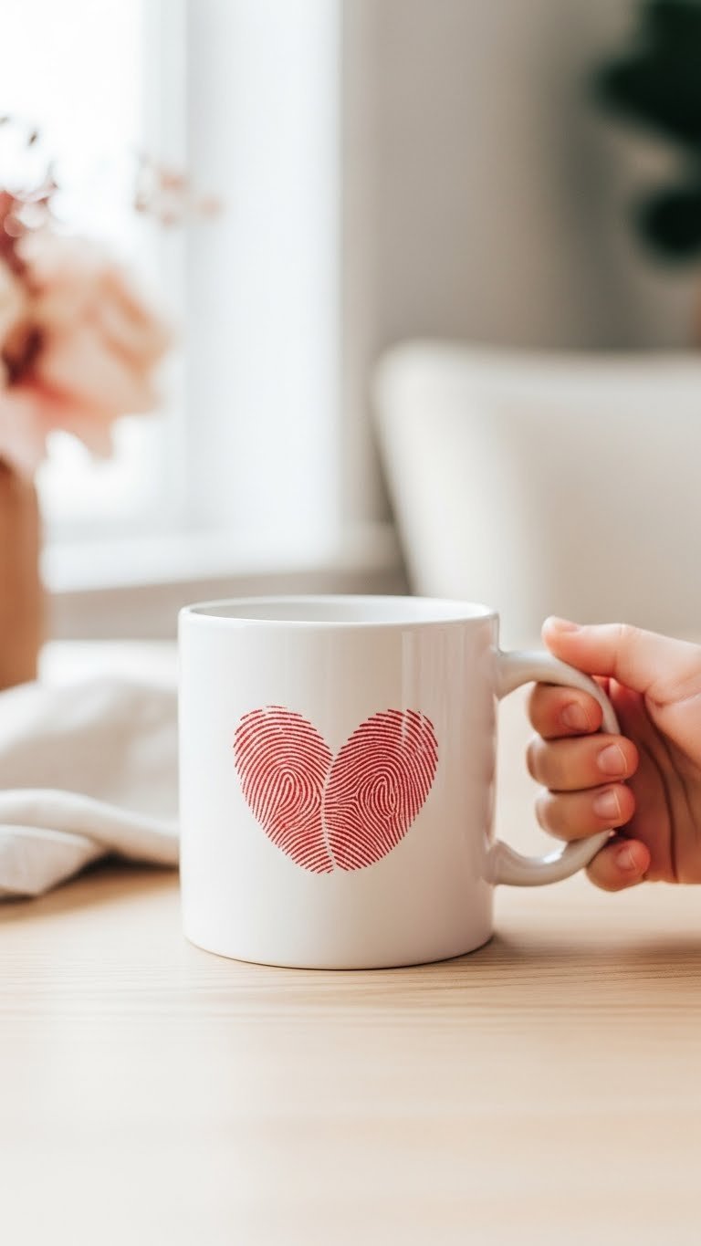 White ceramic mug with two red fingerprints forming heart shape on light wooden table with linen napkin in soft window light.