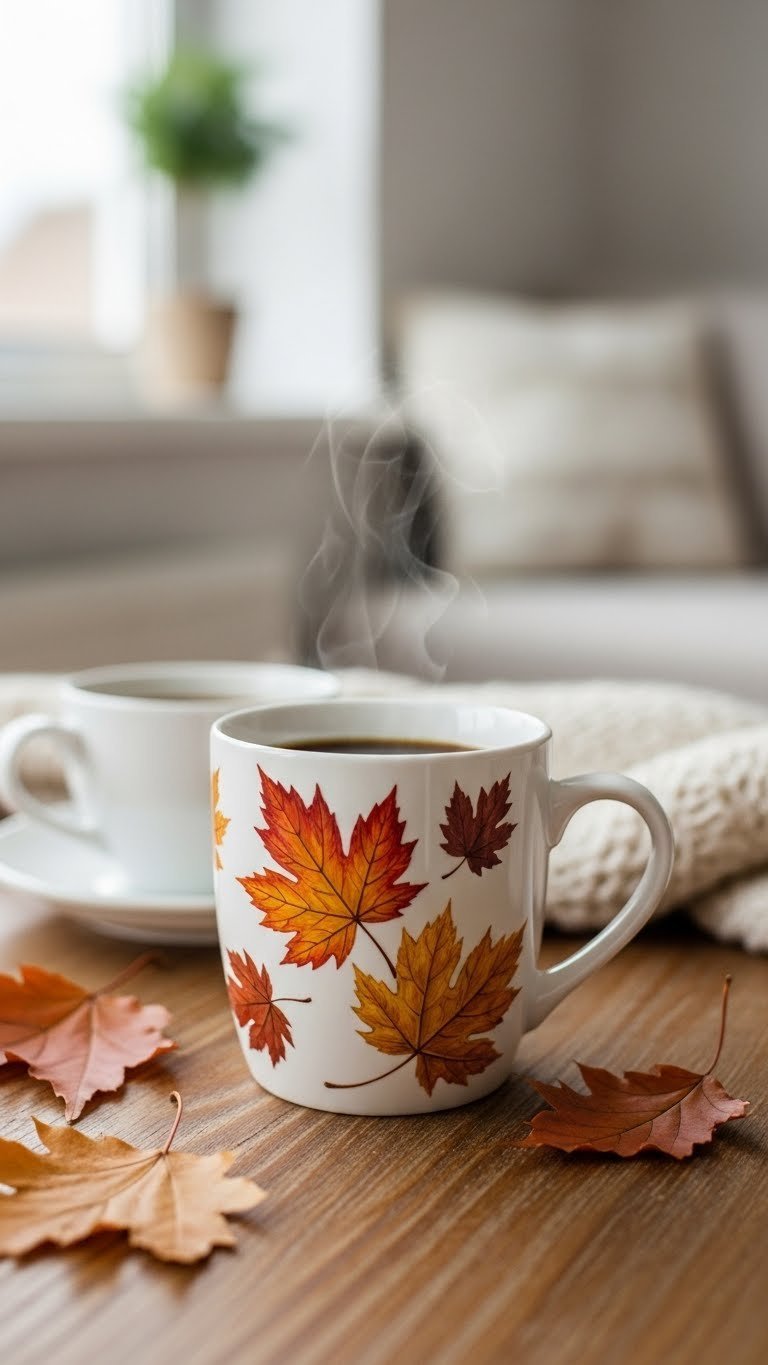 White ceramic mug with vibrant autumn leaf painting featuring red, orange, gold, and brown leaves against rustic wooden background